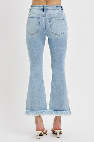 Risen Raw Hem Distressed Cropped Flare Jeans