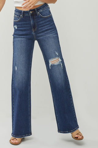 Risen High Rise Distressed Wide Leg Jeans