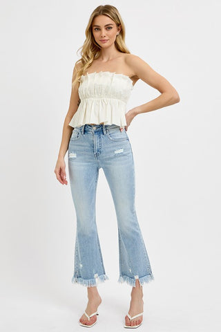 Risen Raw Hem Distressed Cropped Flare Jeans