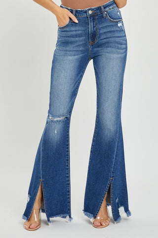 Risen High Rise Front Slit Frayed Hem Flare Jeans