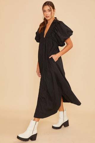 Black Smocked Puff Sleeve Midi Dress