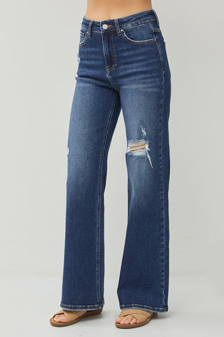 Risen High Rise Distressed Wide Leg Jeans