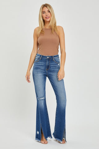 Risen High Rise Front Slit Frayed Hem Flare Jeans
