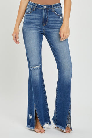 Risen High Rise Front Slit Frayed Hem Flare Jeans