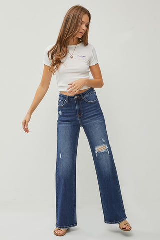 Risen High Rise Distressed Wide Leg Jeans
