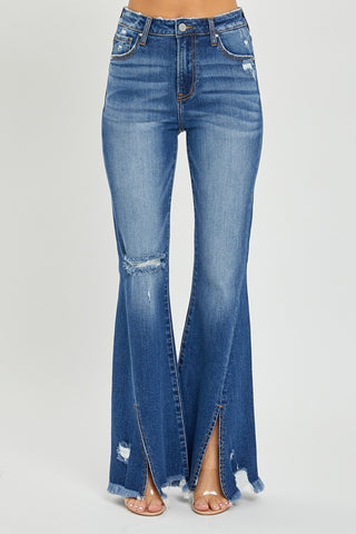 Risen High Rise Front Slit Frayed Hem Flare Jeans