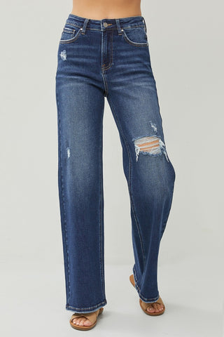Risen High Rise Distressed Wide Leg Jeans