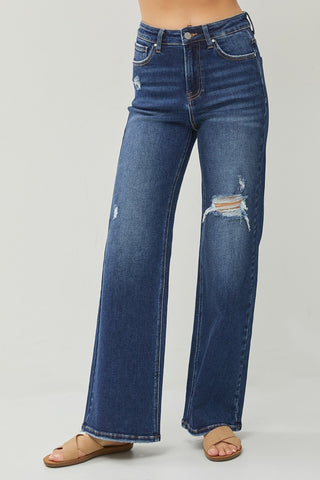Risen High Rise Distressed Wide Leg Jeans