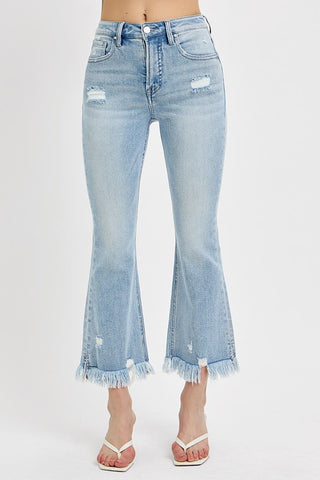 Risen Raw Hem Distressed Cropped Flare Jeans